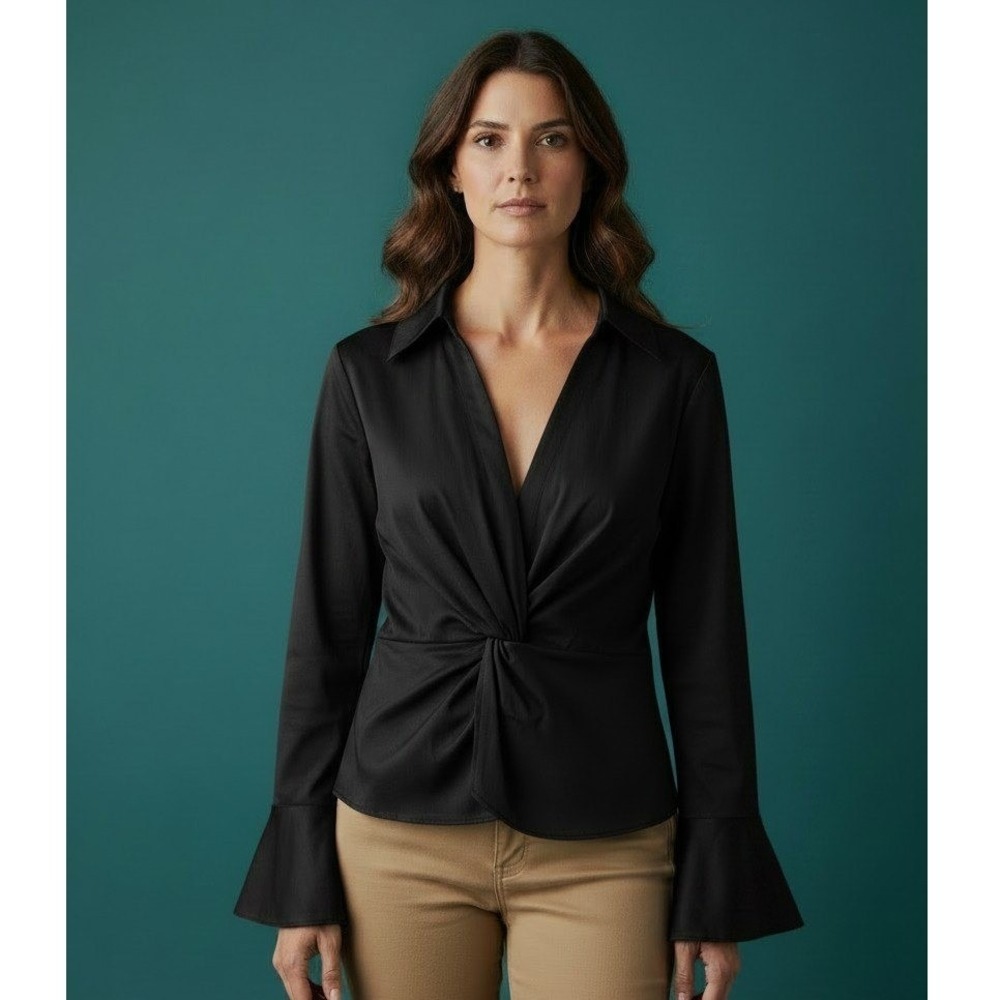 Tyler Boe Black Cotton Twist Front Peplum Blouse Bell Sleeve Size Large